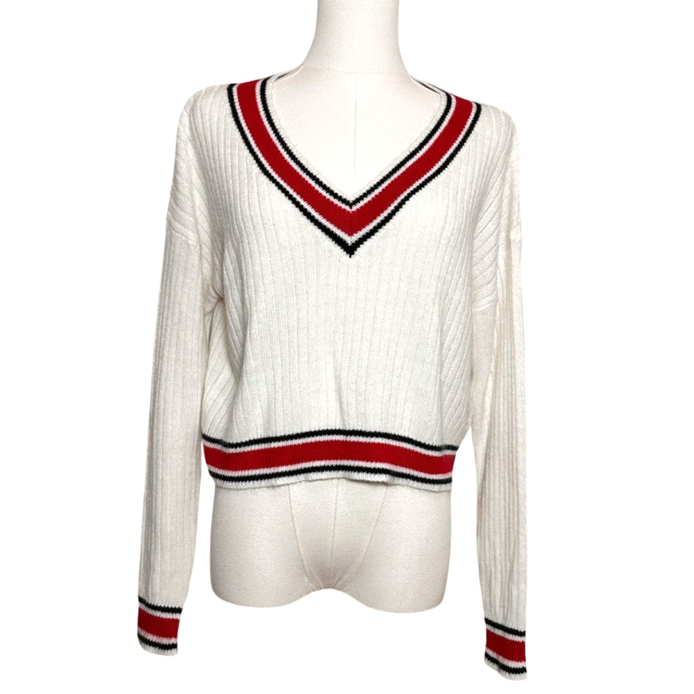 H&M White Red Black Striped V Neck Ribbed Cropped Long Sleeve Sweater Small